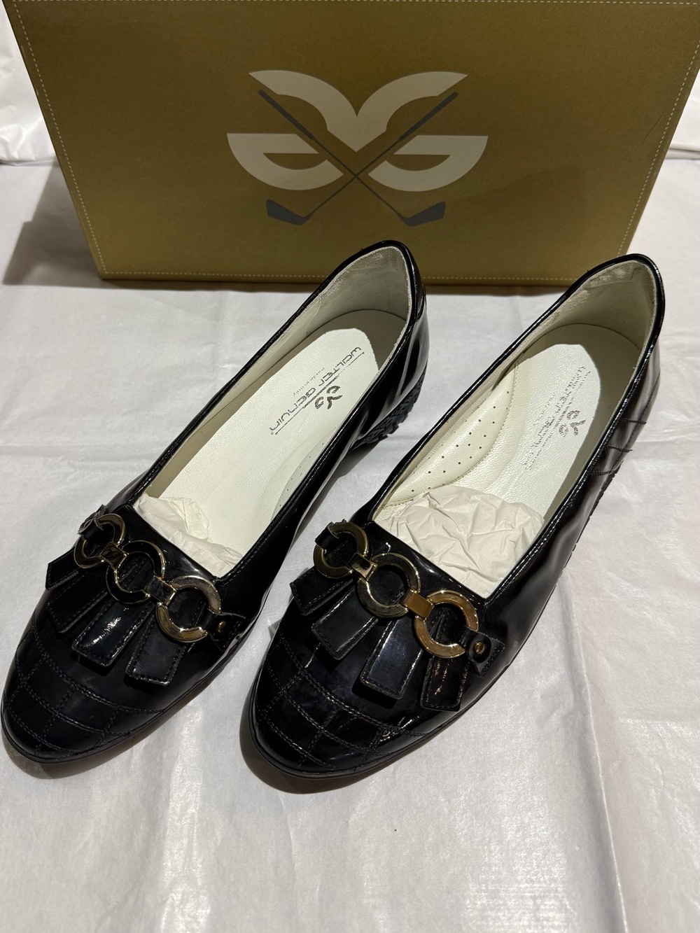 Walter Genuin Black Leather Loafers with Gold Link Detail
